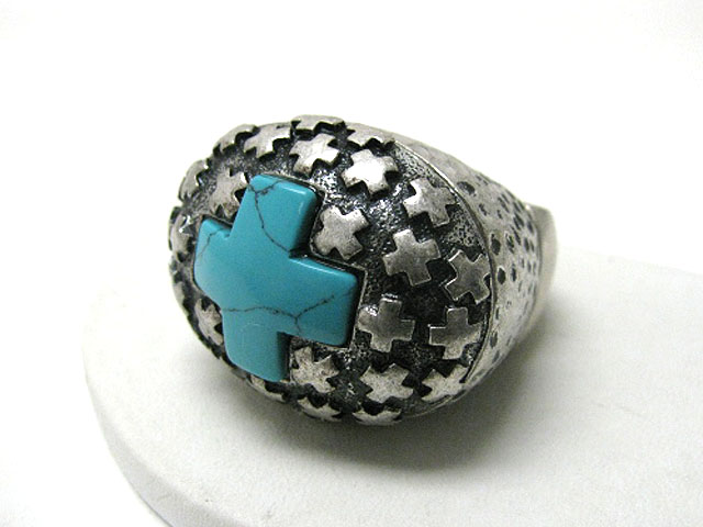 Turquoise cross antique metal puffy stretch ring