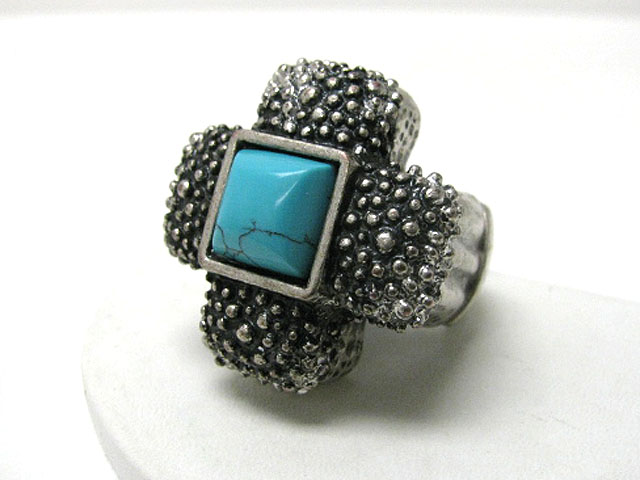 Turquoise  antique metal cross stretch ring