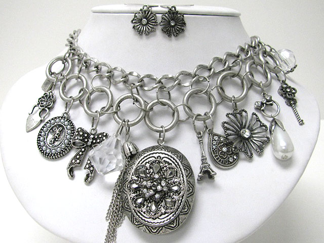 Retro vintage crystal stud metal filigree locket and mixed charm dangle necklace earring set