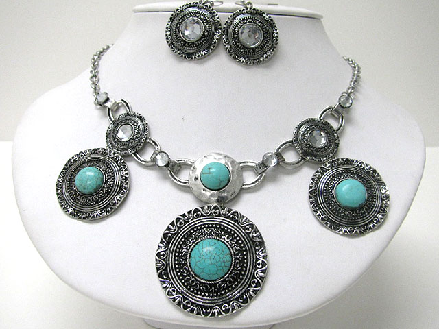 Turquoise metal art deco round disk dangle necklace  earring set