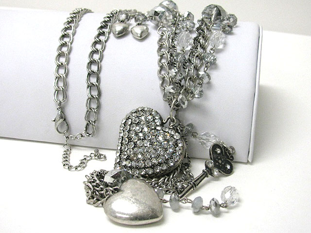 Crystal stud multi heart charm dangle long chain necklace earring set