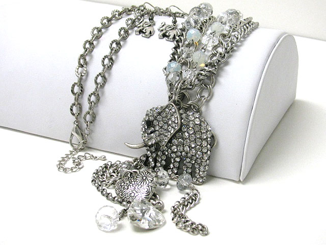 Crystal stud elephant charm dangle long chain necklace earring set