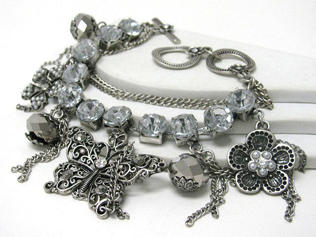 Retro vintage mixed flower and butterfly charm dangle crystal and metal mixed chain bracelet