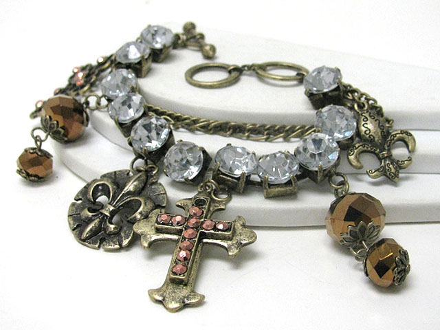 Retro vintage mixed cross charm dangle crystal and metal mixed chain bracelet