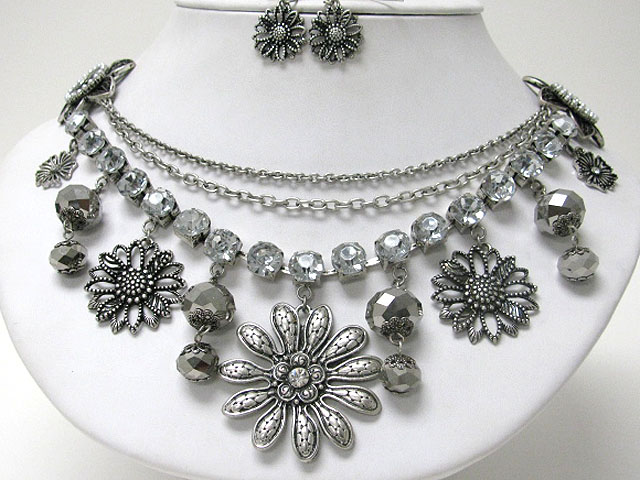 Retro vintage facet beads and flower charm dangle crystal and metal mixed chain necklace earring set