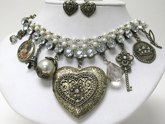 Retro vintage mixed antique charm dangle crystal and pearl metal mixed chain necklace earring set