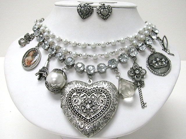 Retro vintage mixed antique charm dangle crystal and pearl metal mixed chain necklace earring set