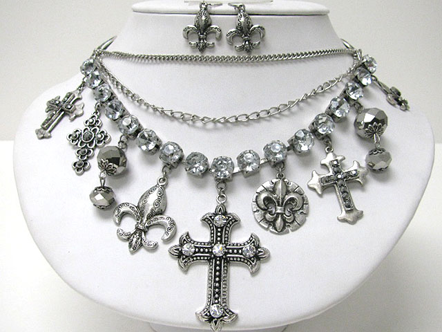 Retro vintage facet beads and mixed cross charm dangle crystal and metal mixed chain neckalce earring set