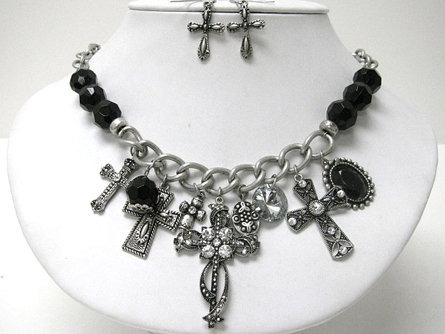 Multi crystal stud cross charm dangle beds and chain neckalce earring set