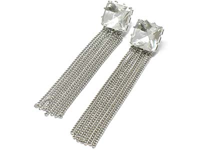 Facet cut square crystal and long chain drop earring