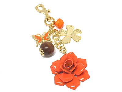 Enamel covered tulip and metla clover and wood ball key holder