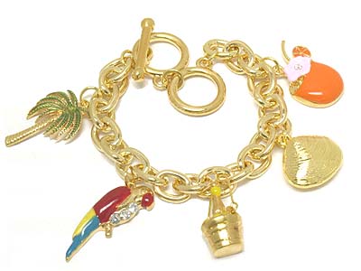 Crystal deco designer style tropical charms toggle bracelet