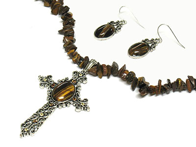 Natural stone and cross pendant necklace - tiger eye