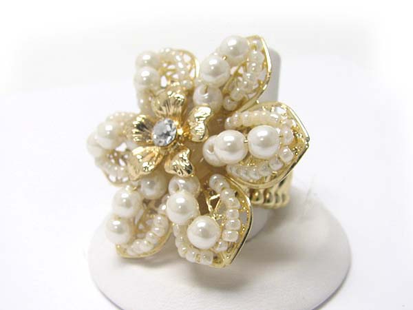 Crystal and mixed pearl flower stretch ring