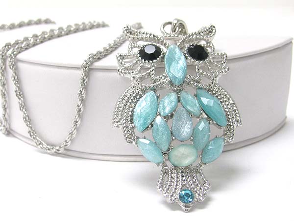 Crystal and glass deco owl pendant long necklace