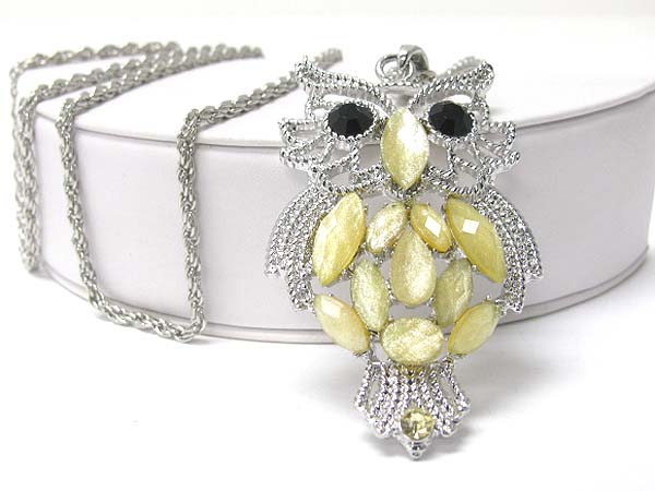 Crystal and glass deco owl pendant long necklace