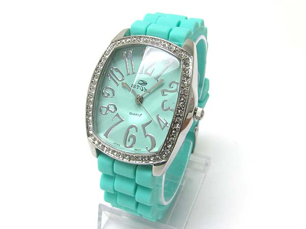 Crystal deco square convex rubber band fashion watch