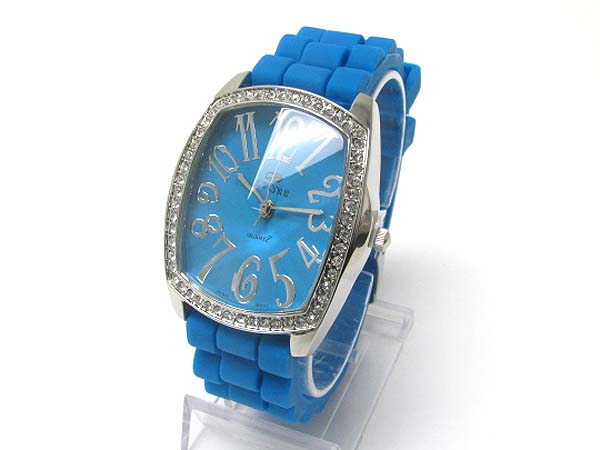 Crystal deco square convex rubber band fashion watch