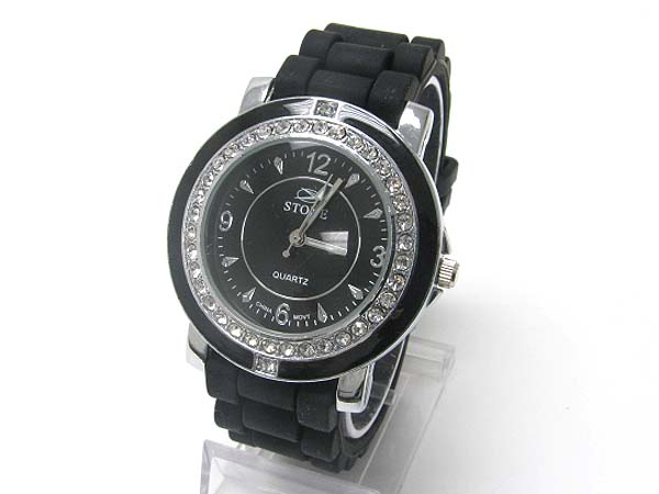 Round crystal and enamel frame rubber band fashion watch