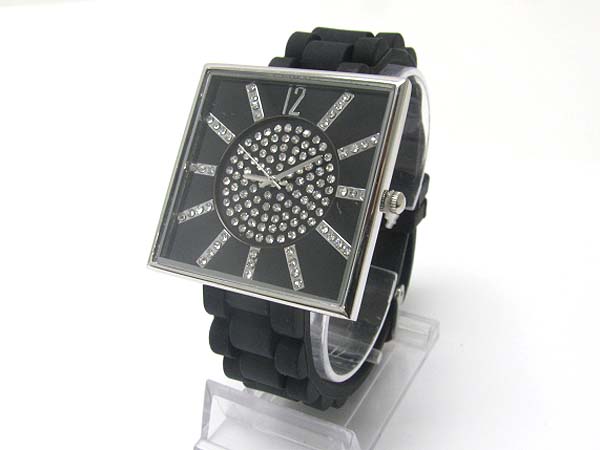 Crystal stud dial square face rubber band fashion watch