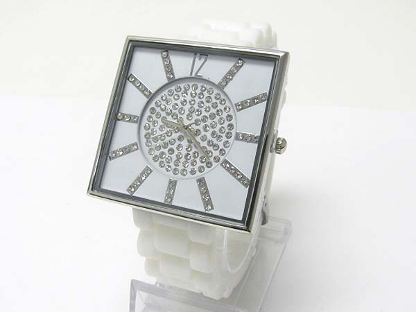 Crystal stud dial square face rubber band fashion watch