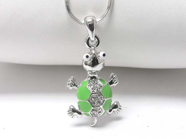 Made in korea whitegold plating crystal and metal epoxy turtle pendant necklace