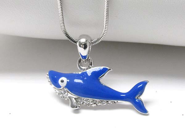 Made in korea whitegold plating crystal and metal epoxy shark pendant necklace