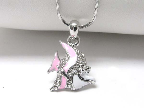 Made in korea whitegold plating crystal and metal epoxy tropical fish pendant necklace