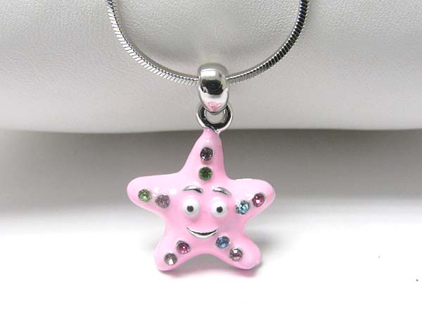 Made in korea whitegold plating crystal and metal epoxy starfish pendant necklace