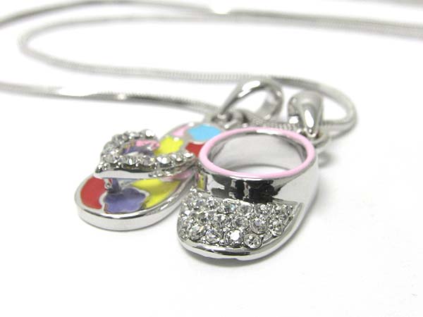 Made in korea whitegold plating crystal and metal epoxy miniature sunvisor and flipflop pendant necklace