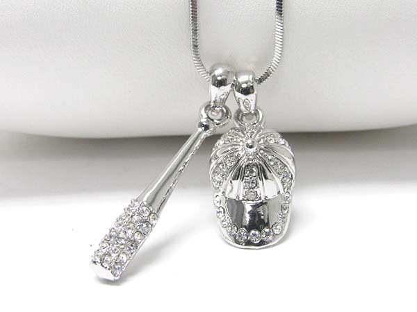 Made in korea whitegold plating crystal miniature baseball cap and bat pendant necklace