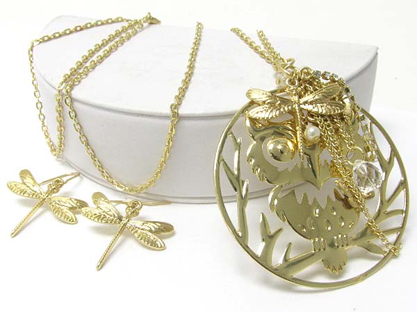 Owl round pendant long necklace earring set