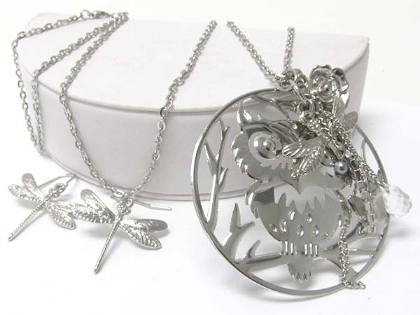 Owl round pendant long necklace earring set