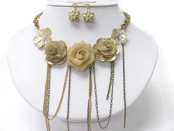 Metal mesh flower and hanging chain drop necklace earring set