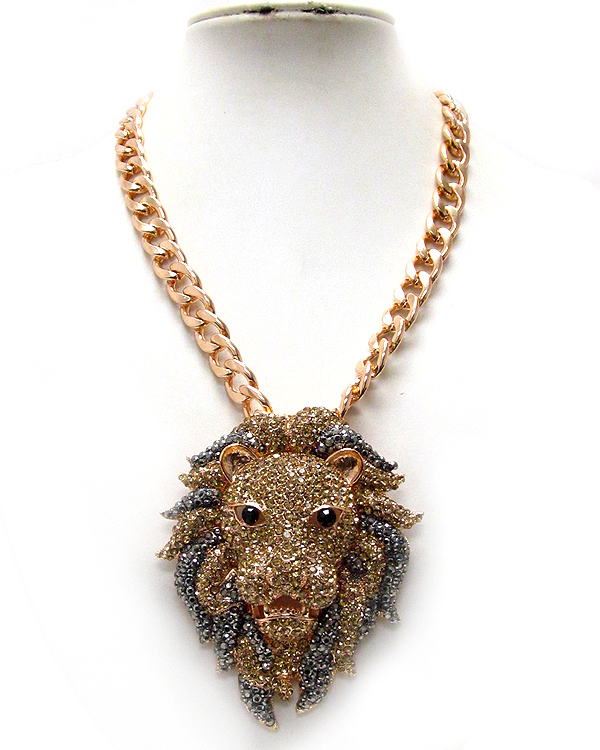 Crystal pave large lion face pendant necklace