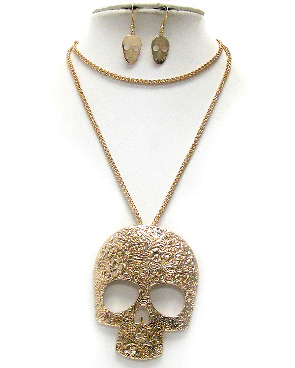 Flower textured metal skull pendant necklace earring set