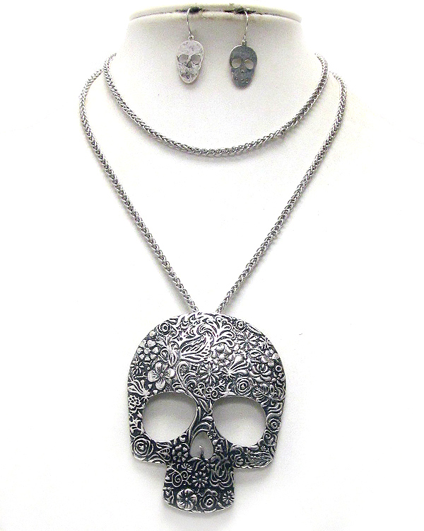 Flower textured metal skull pendant necklace earring set