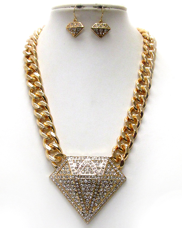 Crystal pave large diamond pendant and thick chain necklace earring set