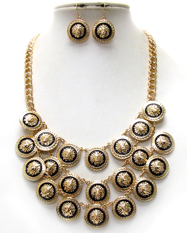 Lion head and epoxy deco multi disk link rihanna style bib necklace earring set