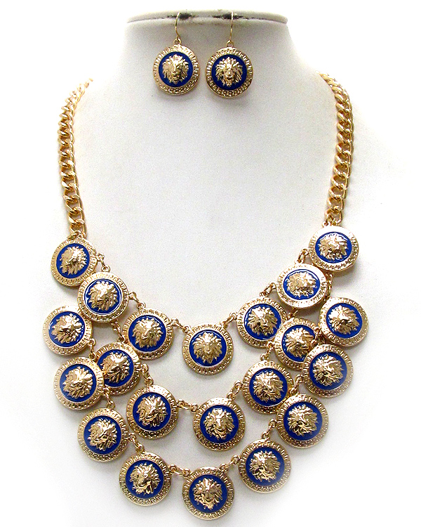 Lion head and epoxy deco multi disk link rihanna style bib necklace earring set