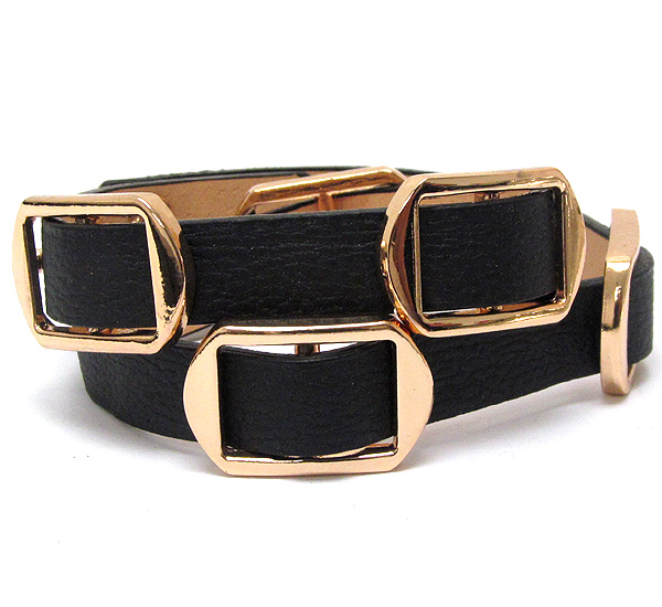 Multi metal buckle and leatherette band wrap bracelet