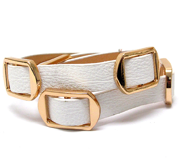 Multi metal buckle and leatherette band wrap bracelet