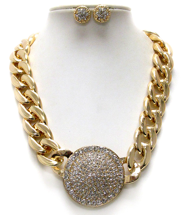 Crystal pave disk pendant and thick chain necklace earring set