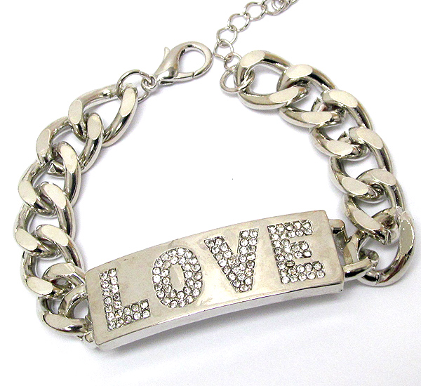 Crystal pave on metal plate love  and thick chain bracelet