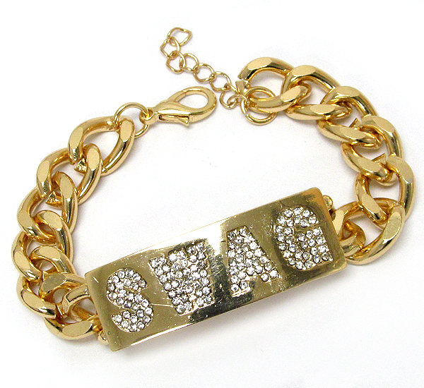 Crystal pave on metal plate swag message and thick chain bracelet