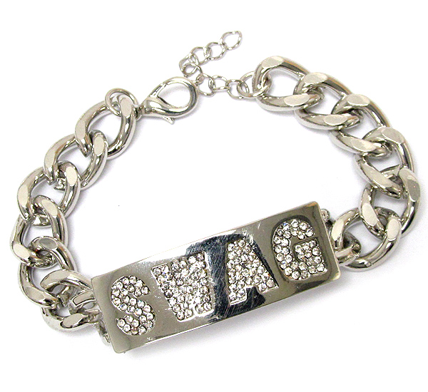 Crystal pave on metal plate swag message and thick chain bracelet