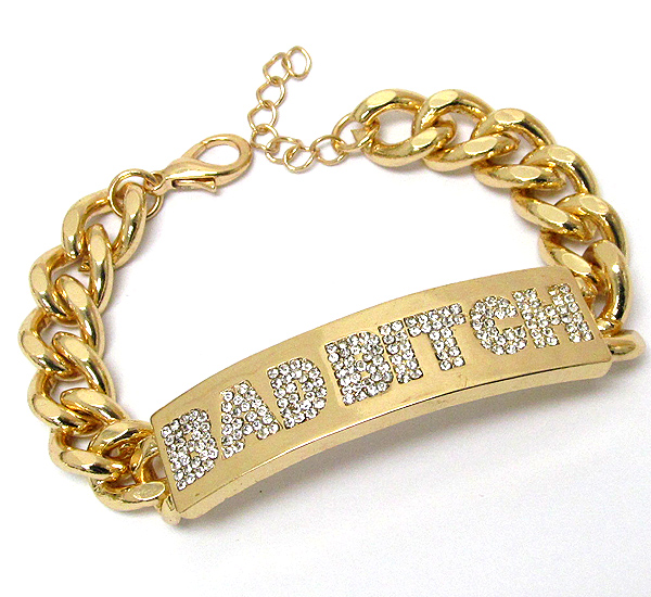 Crystal pave on metal plate bad bitch message and thick chain bracelet