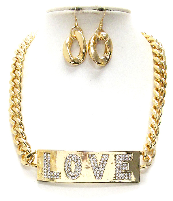 Crystal pave on metal plate love message and thick chain necklace earring set