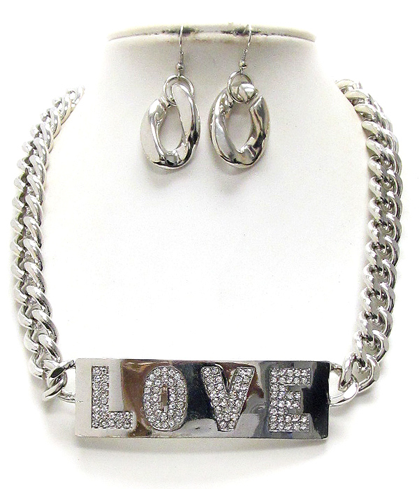 Crystal pave on metal plate love message and thick chain necklace earring set