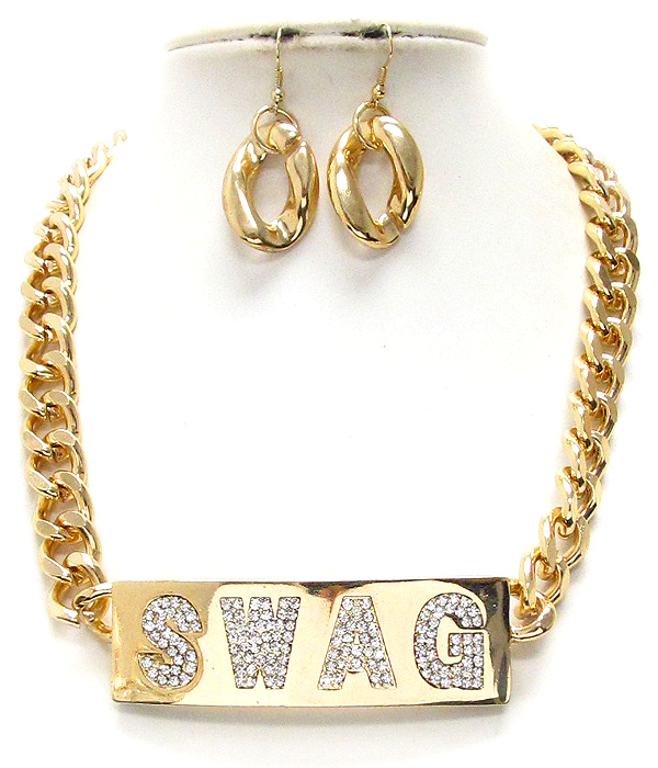 Crystal pave on metal plate swag message and thick chain necklace earring set